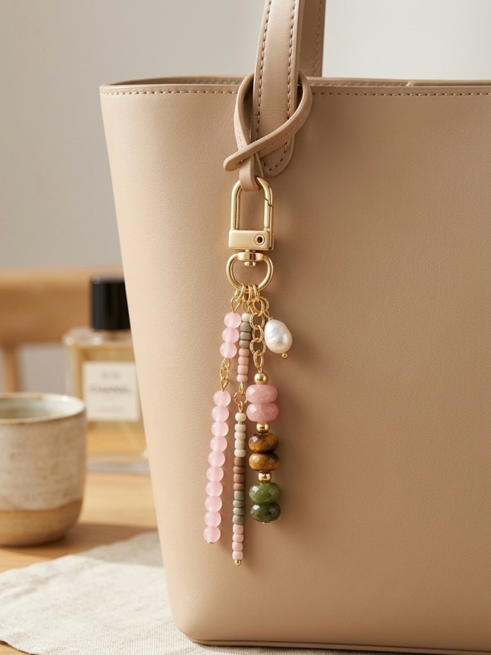 Pink Boho Handmade Beaded Bag Charm Keychain with Pearl